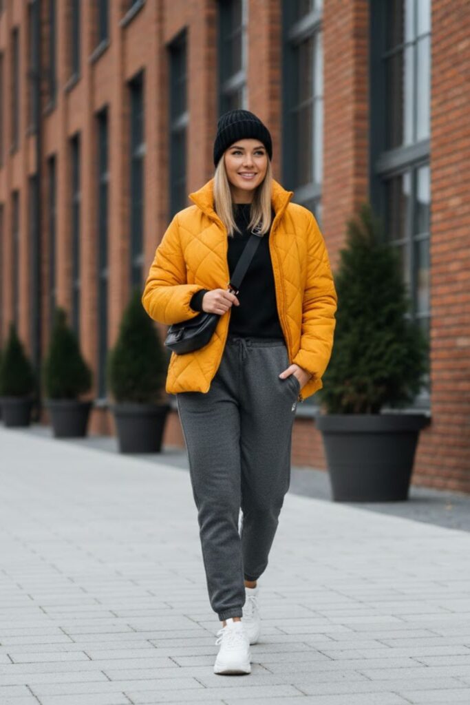 Sneakers with Joggers and Puffer Jacket