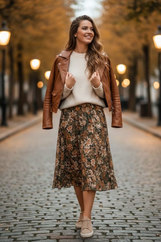 Sneakers with Midi Skirt and Sweater