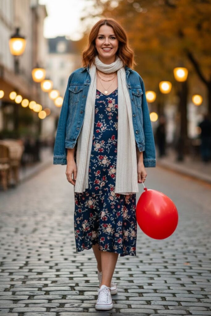 Sneakers with Slip Dress and Denim Jacket