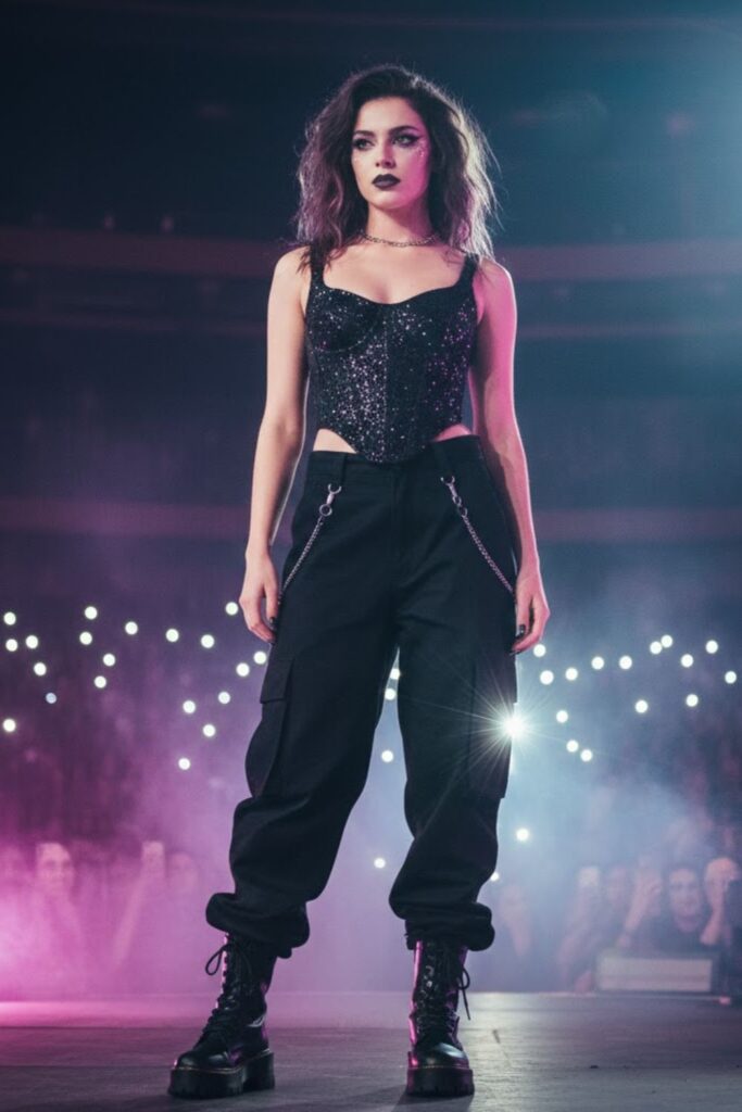 Sparkly Corset Top with Black Cargo Pants