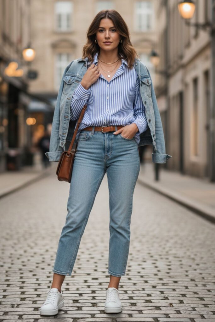 Striped Big Shirt with Cropped Jeans