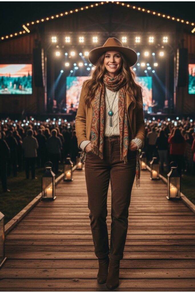 Suede Jacket with Knit Sweater and Corduroy Pants