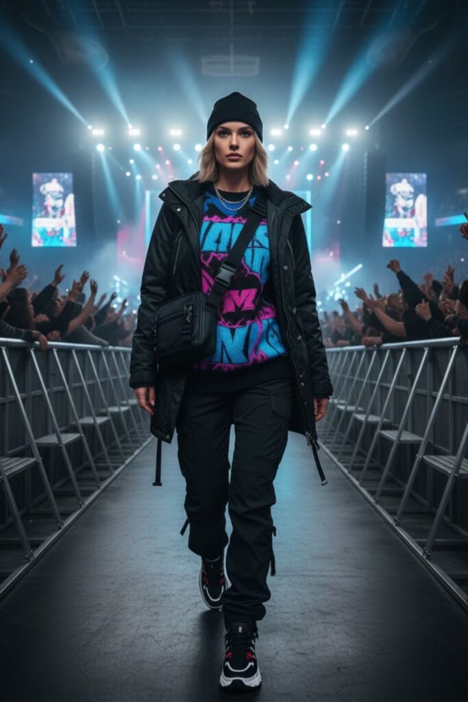 Technical parka + graphic sweater + stacked cargos + designer runners