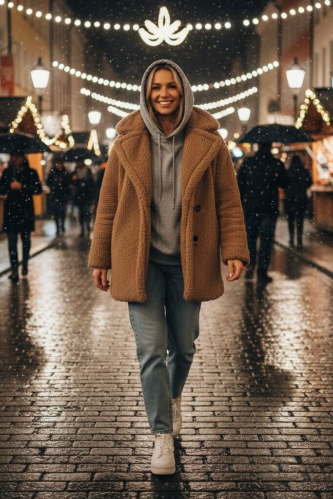 Teddy Coat with Straight-Leg Jeans and Sneakers
