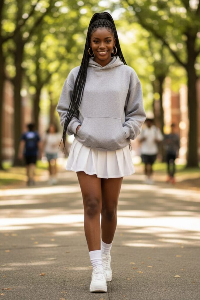 Tennis Skirt with Hoodie and Sneakers