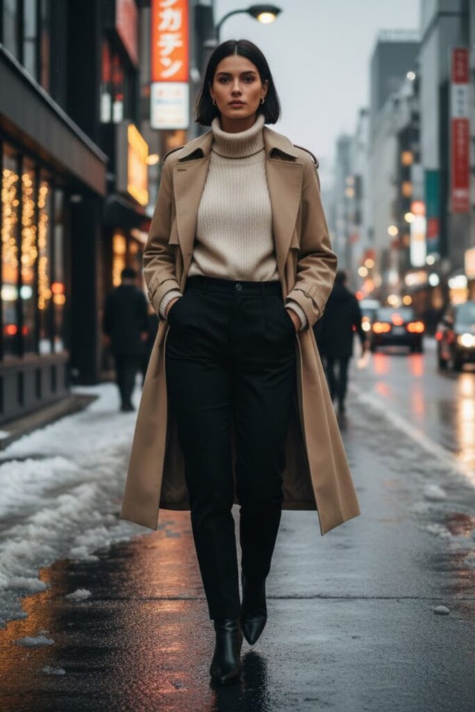 Trench Coat with Knit Sweater and Loafers