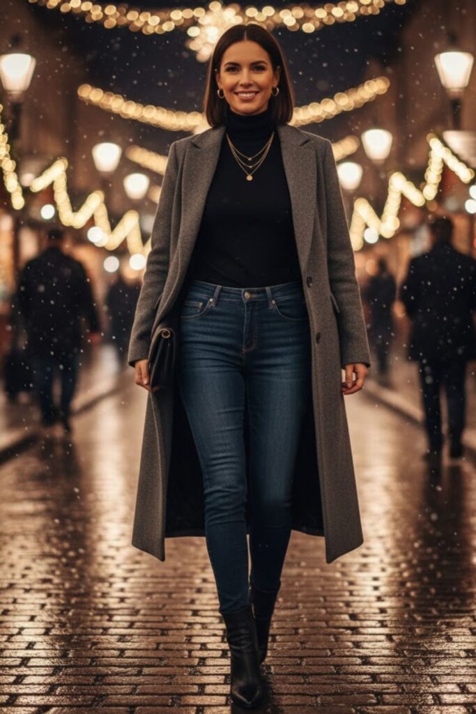 Turtleneck with High-Waisted Jeans and Coat