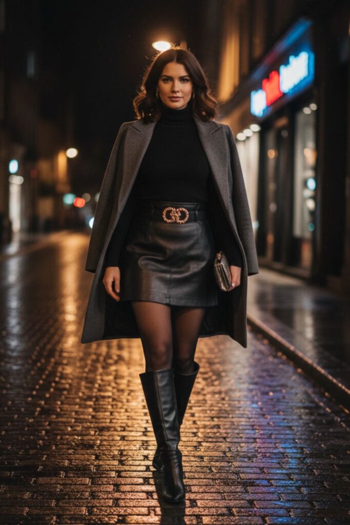 Turtleneck with Leather Mini Skirt