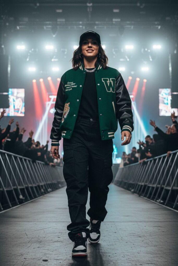Varsity jacket + thermal shirt + baggy cargos + sneakers