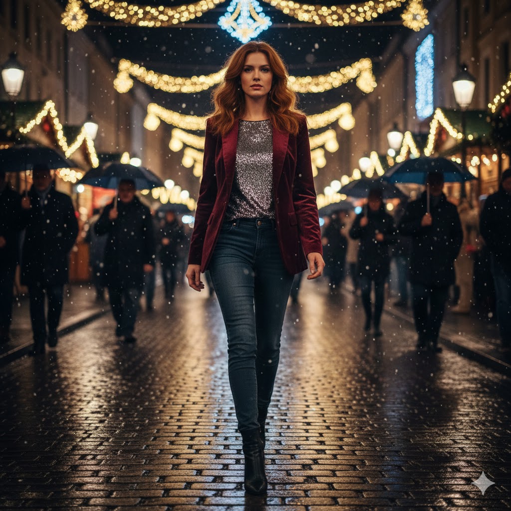 Velvet Blazer with Sequin Top and Jeans