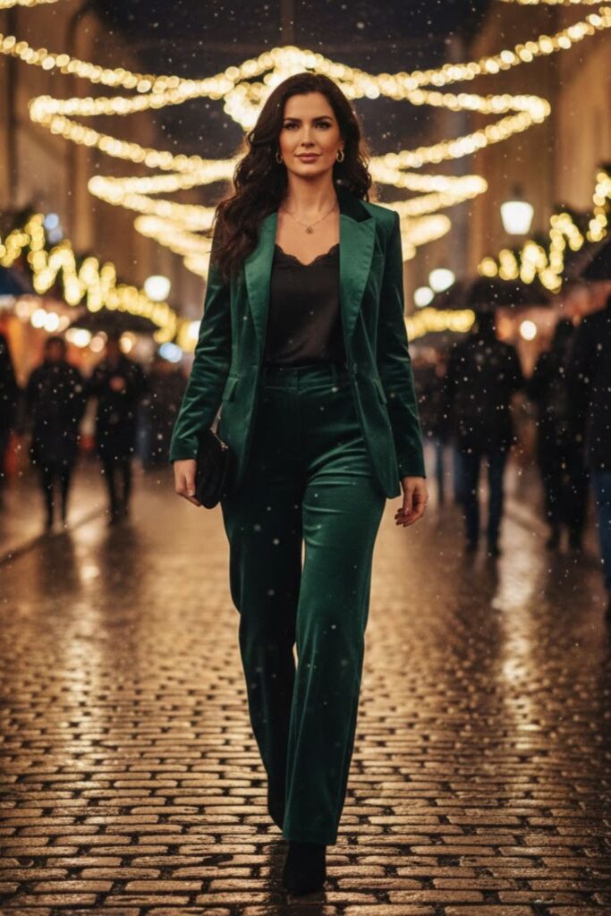 Velvet Blazer with Wide-Leg Trousers