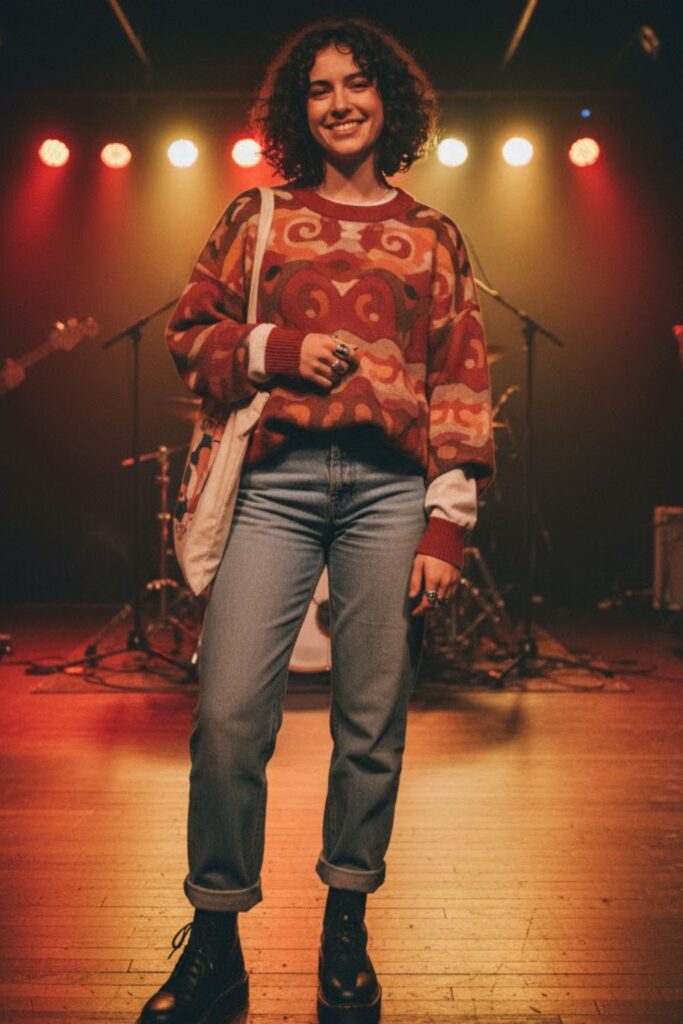 Vintage Graphic Sweater and Wide-Leg Jeans