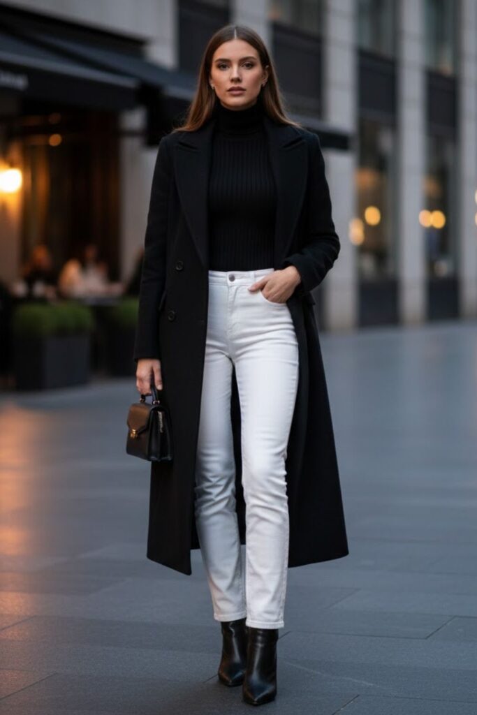 White Jeans with Black Turtleneck and Long Coat
