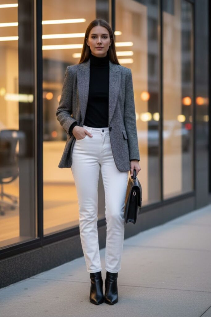 White Jeans with Blazer and Ankle Boots
