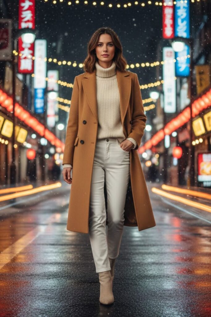 White Jeans with Camel Coat and Ankle Boots