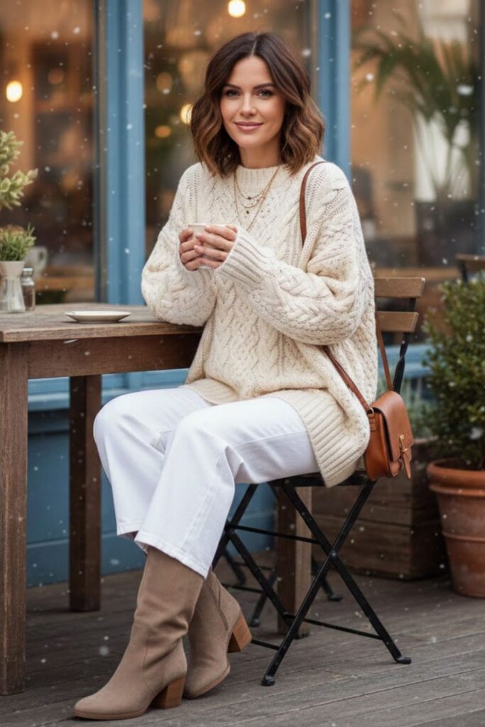 White Jeans with Chunky Knit Sweater