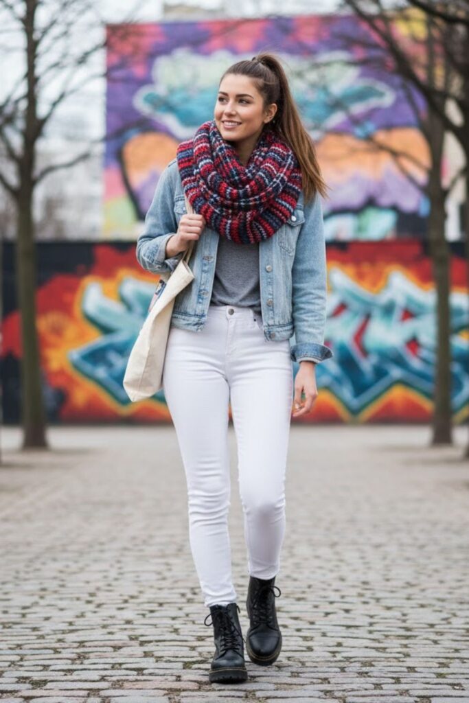 White Jeans with Denim Jacket and Scarf