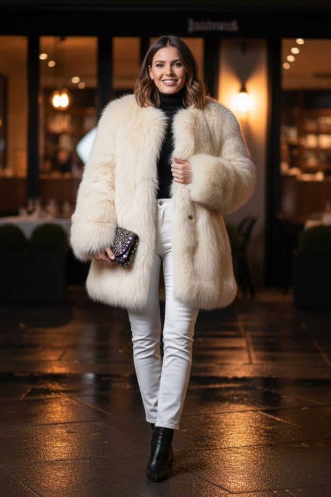 White Jeans with Faux Fur Coat
