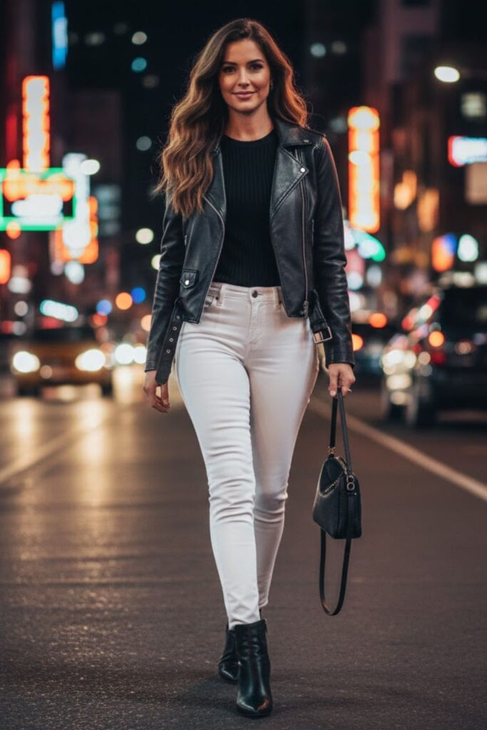 White Jeans with Leather Jacket and Boots