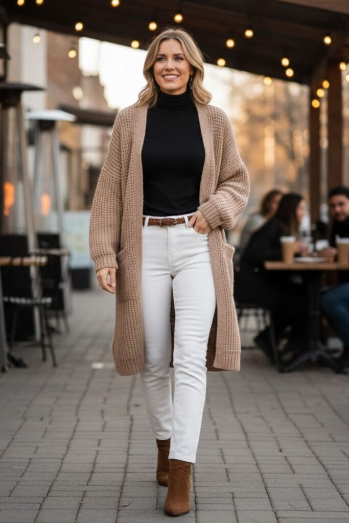 White Jeans with Long Cardigan