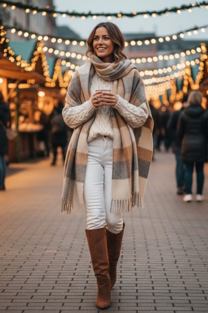 White Jeans with Neutral Sweater and Blanket Scarf