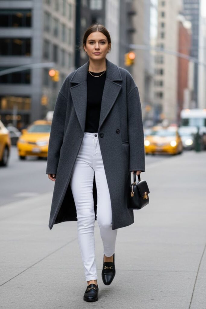 White Jeans with Oversized Coat and Loafers