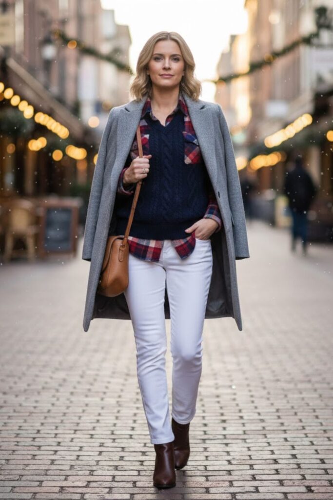 White Jeans with Plaid Shirt and Sweater Layer