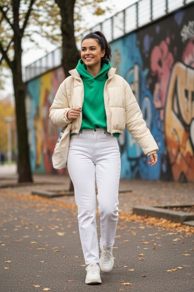 White Jeans with Puffer Jacket and Sneakers