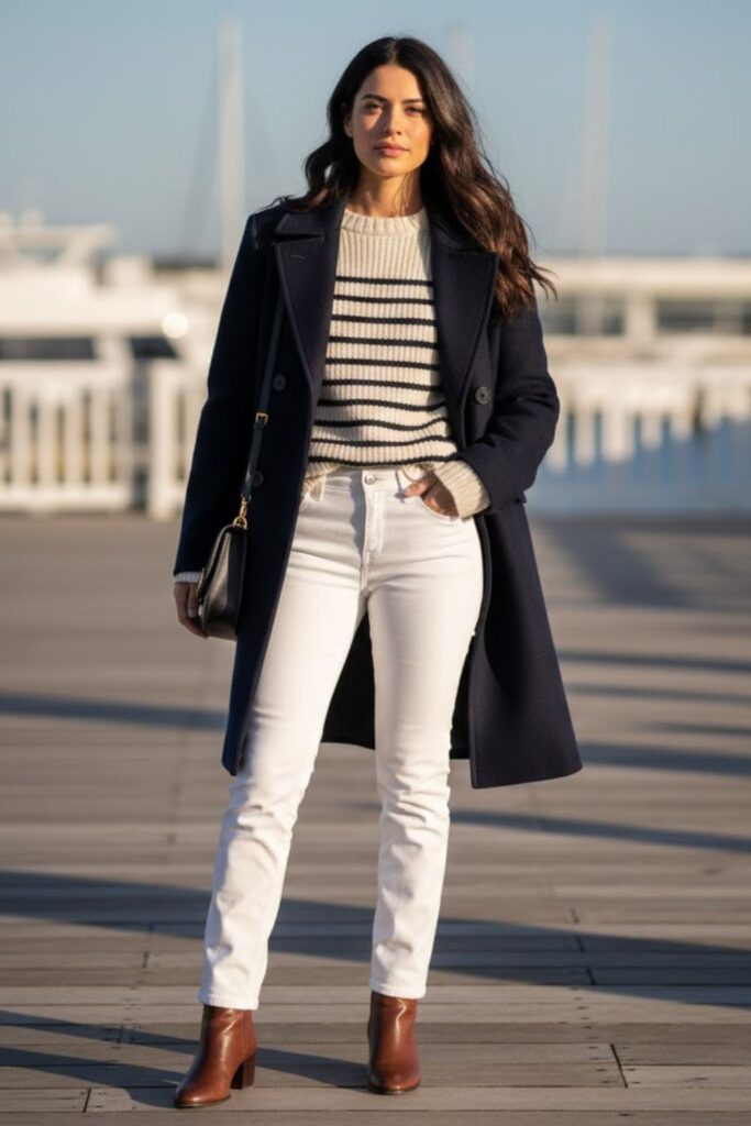 White Jeans with Wool Sweater and Peacoat