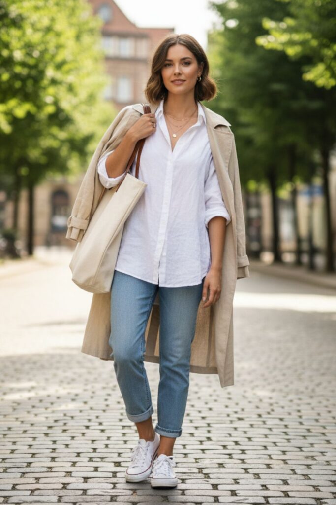 White Linen Oversized Shirt with Cropped Jeans