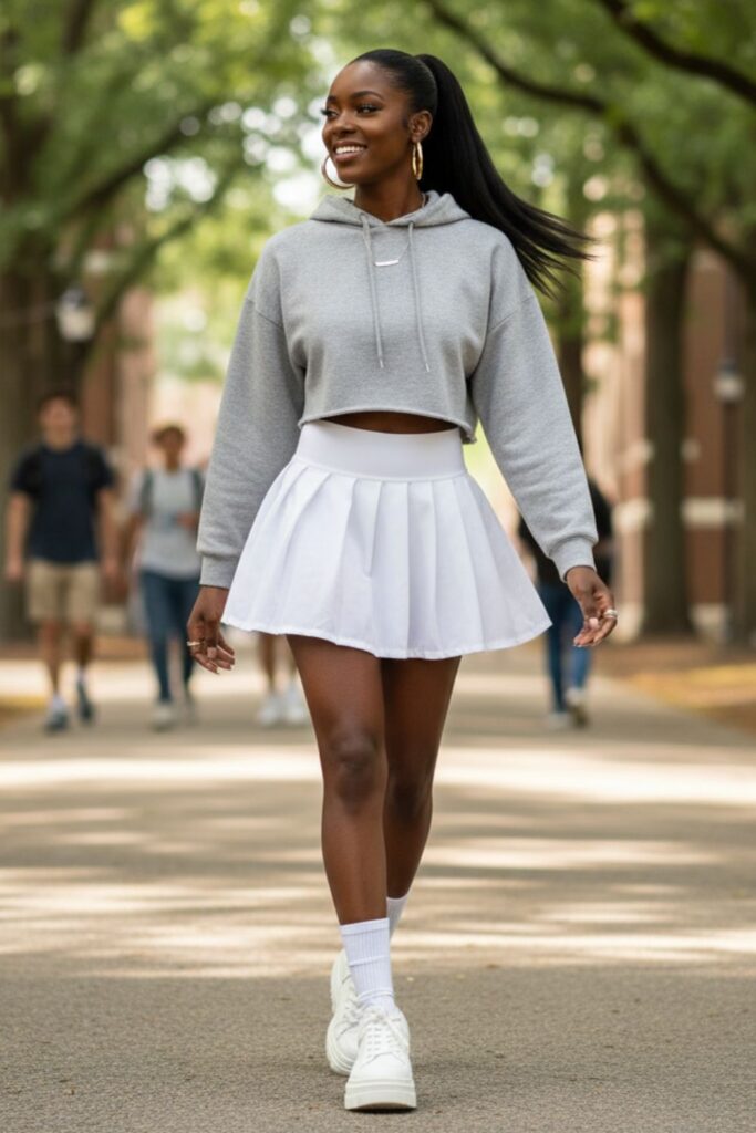 White Tennis Skirt with Cropped Hoodie