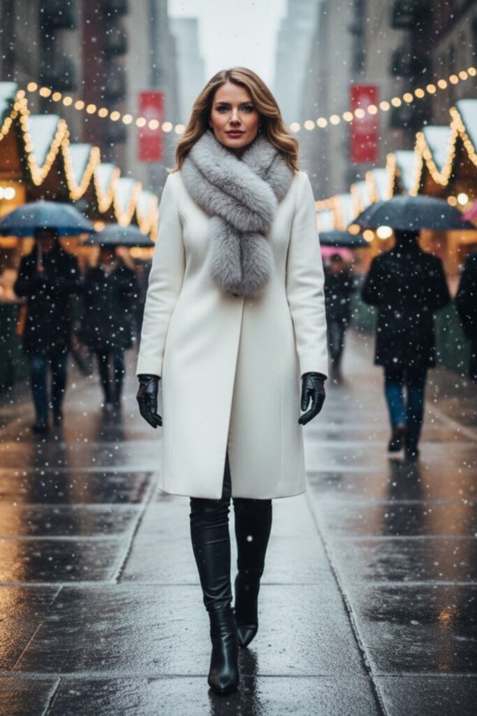  White Wool Coat with Faux Fur Scarf