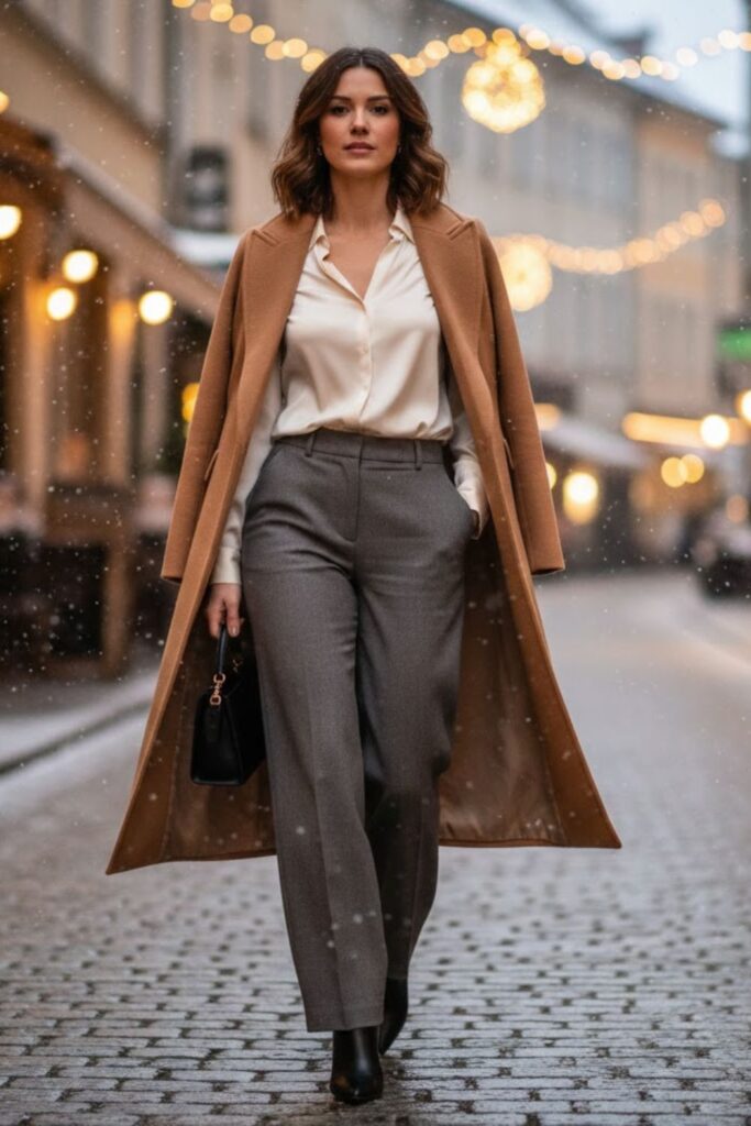 Wide-Leg Trousers with Silk Blouse and Coat