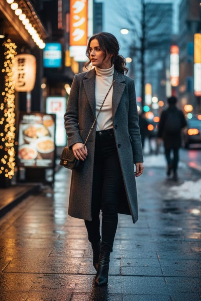 Wool Coat with Black Skinny Jeans and Ankle Boots