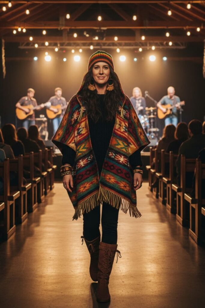 Wool Poncho + Fitted Sweater + Warm Leggings + Suede Boots