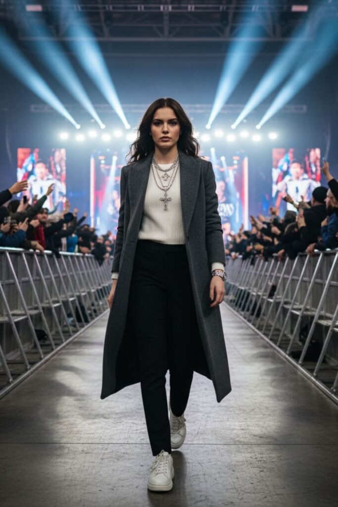 Wool overcoat + layered chain set + slim trousers + designer sneakers