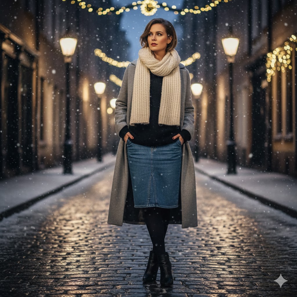 10. Knit Dress Under Denim Pencil Skirt