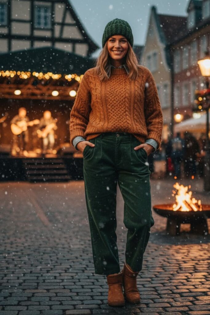 1. Chunky Knit Sweater + Corduroy Pants + Suede Boots + Wool Beanie