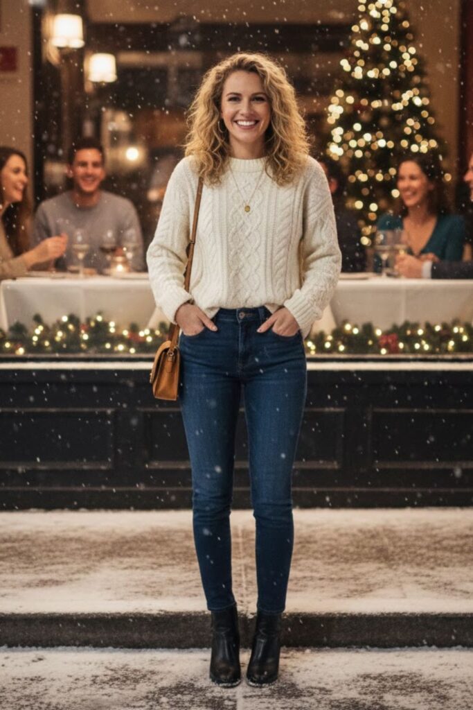 1. Chunky Knit Sweater With Dark Denim and Ankle Boots