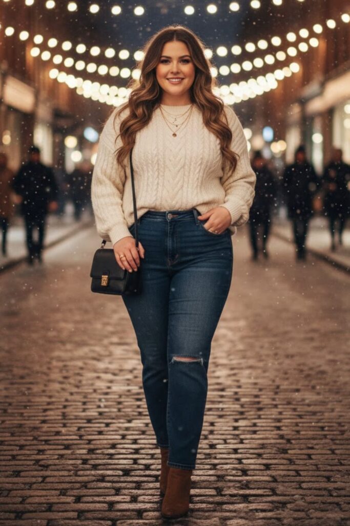 1. Cozy Knit Sweater with High-Waisted Jeans