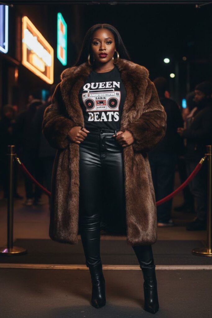1. Faux Fur Coat + Leather Pants + Graphic Tee + Heeled Booties