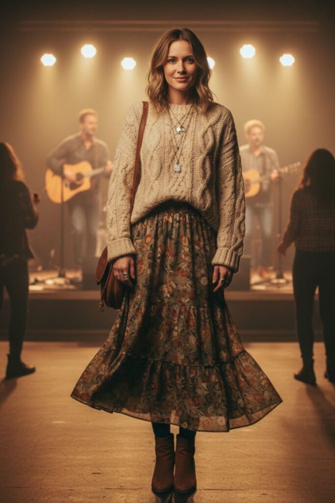 1. Oversized Chunky Knit + Flowy Maxi Skirt + Suede Ankle Boots