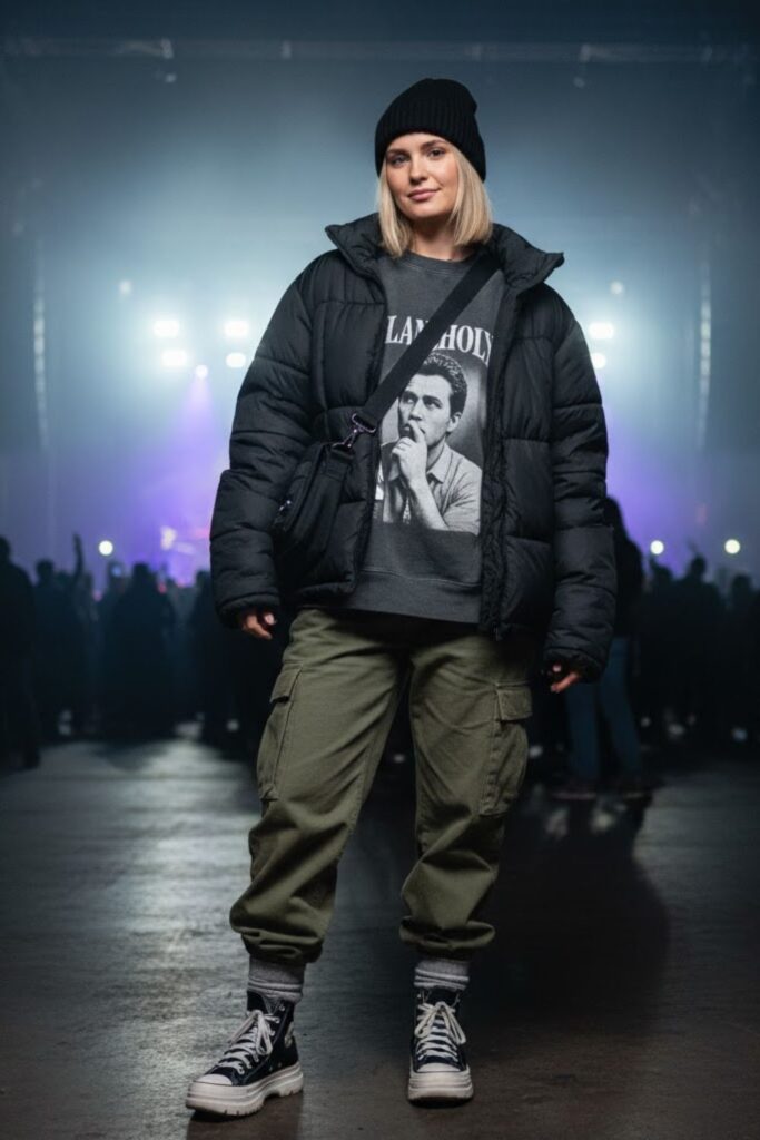 1. Oversized Puffer Jacket + Graphic Crewneck + Cargo Jeans + Sneakers