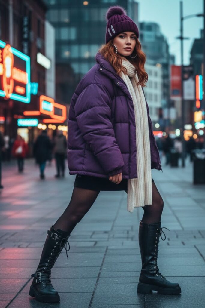 1. Oversized Puffer Jacket, Mini Skirt, Thermal Tights & Knee-High Boots