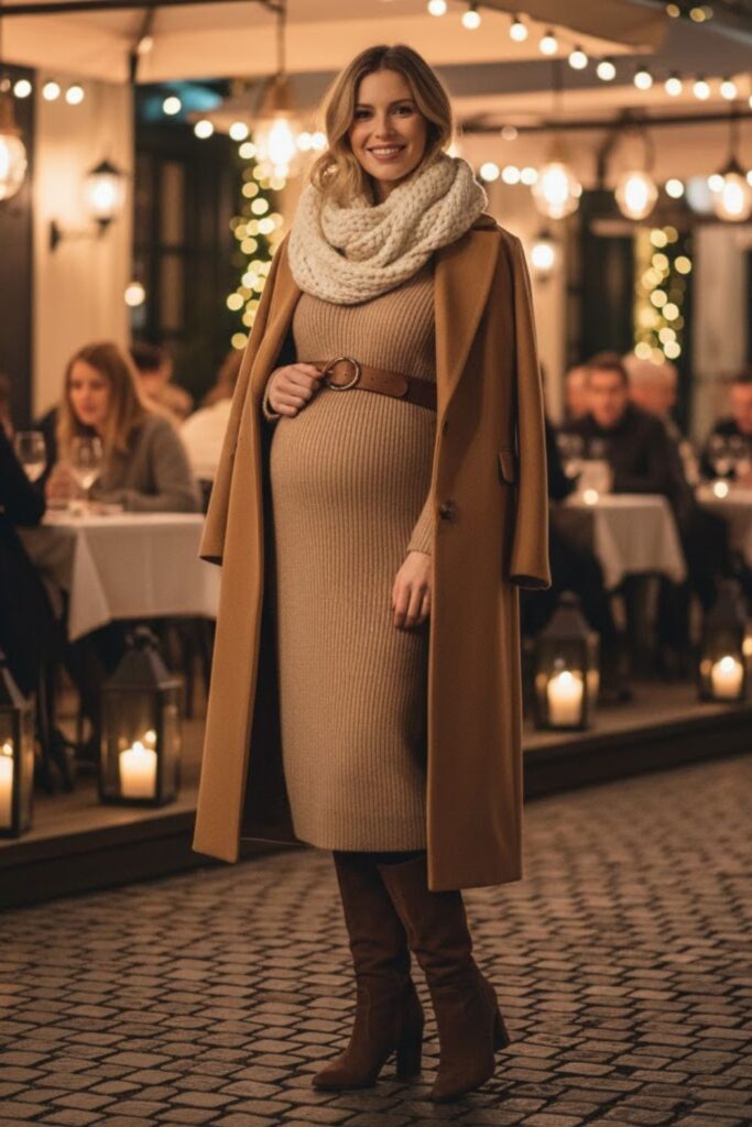 1. Ribbed Knit Sweater Dress with Knee-High Boots