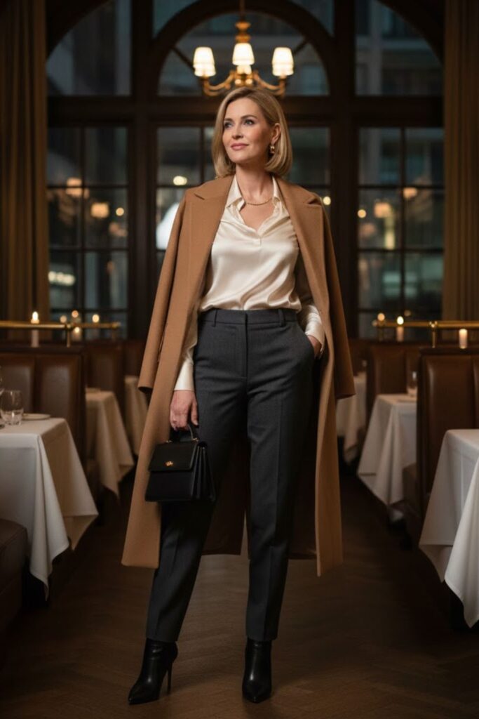 1. Satin Blouse with Tailored Pants and a Wool Coat