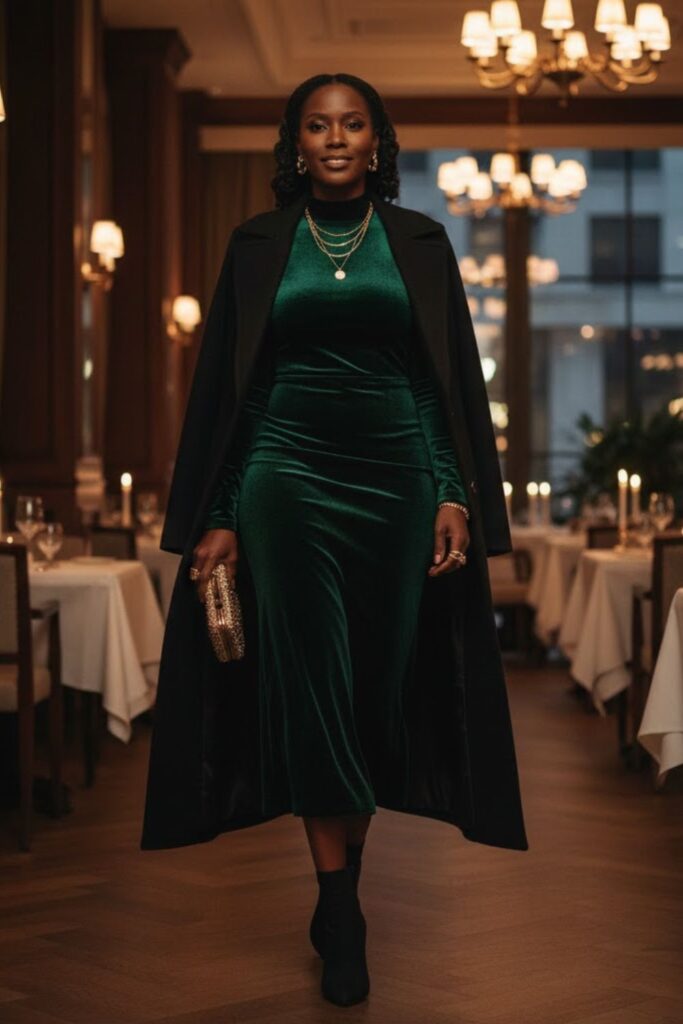 1. Velvet Midi Dress with Gold Jewelry and a Long Coat