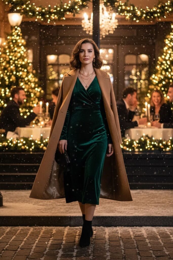 1. Velvet Midi Dress with a Long Wool Coat