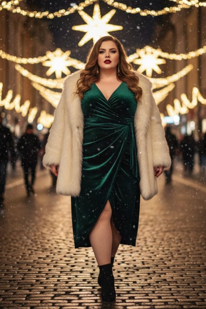 1. Velvet Wrap Dress with Heeled Boots