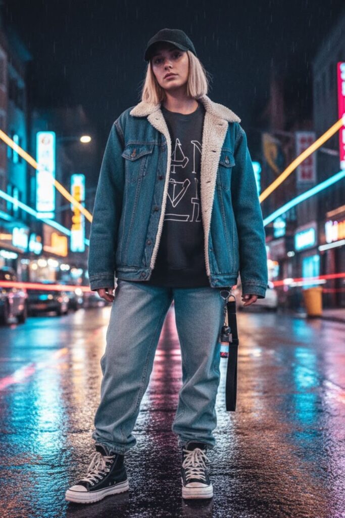 10. Denim Sherpa Jacket, Graphic Sweatshirt, Baggy Jeans & Winter Sneakers
